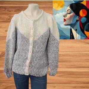 Vintage  DEB‎ Chunky Slub Knit Cardigan Sweater Puff Sleeve  Sz L